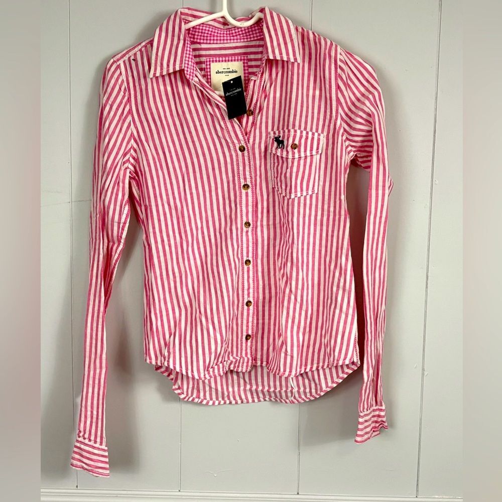 NWT Abercrombie Kids Pink White Y2K Striped Button Down Top Size XL Preppy Cute